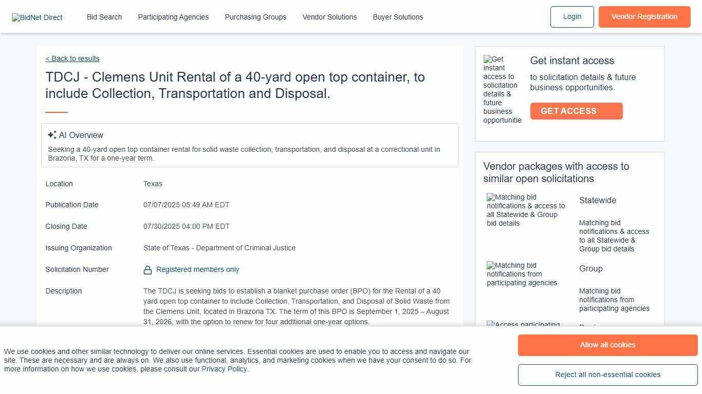 Tdcj - Clemens Unit Rental Of A 40-yard Open Top Container, To Include Collection, Transportation And Disposal. - Bid Information - State Of Texas - Department Of Criminal Justice BidNet Direct